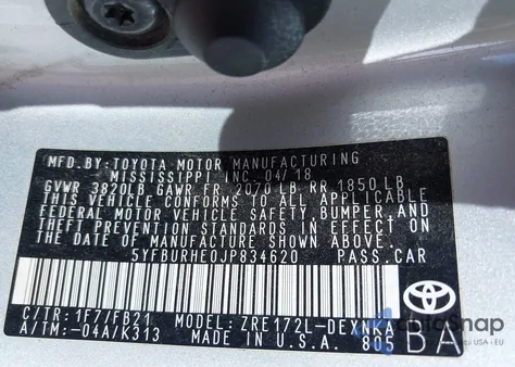 2018 Toyota Corolla Le from USA, damaged, VIN 5YFBURHE0JP834620